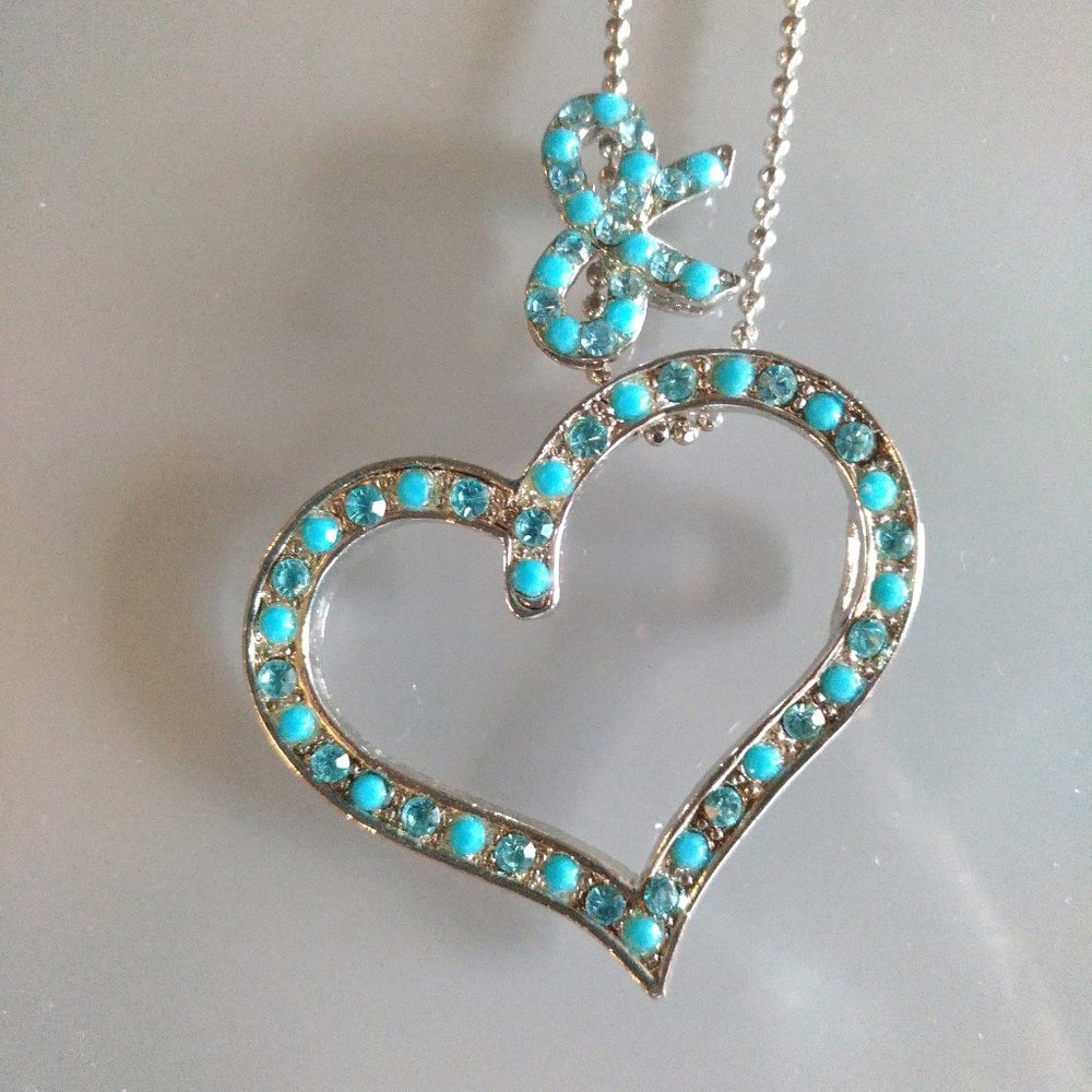Turquoise Rhinestone Heart & Ribbon Necklace